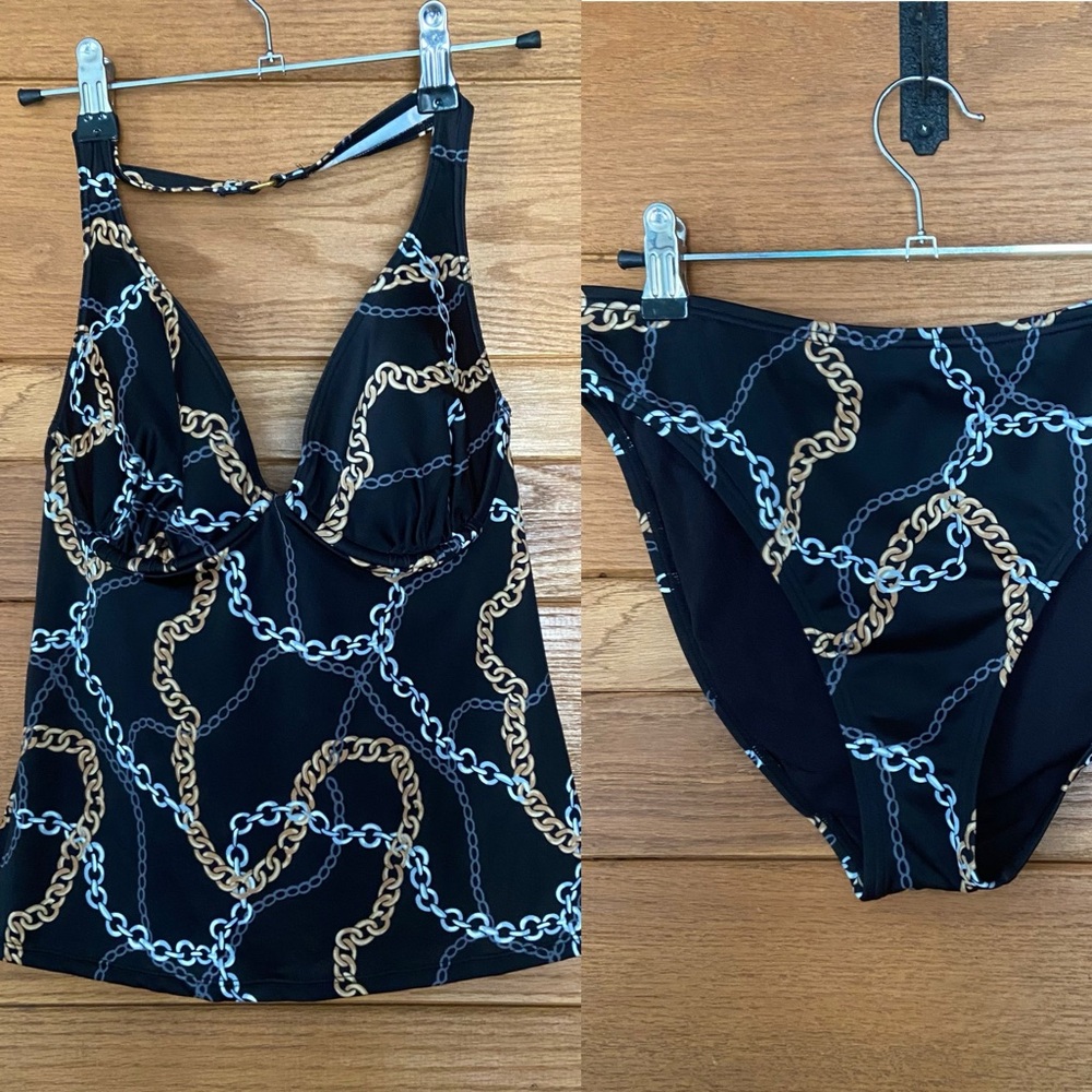 Y2K Victoria's Secret black chain print halter tankini swimsuit set